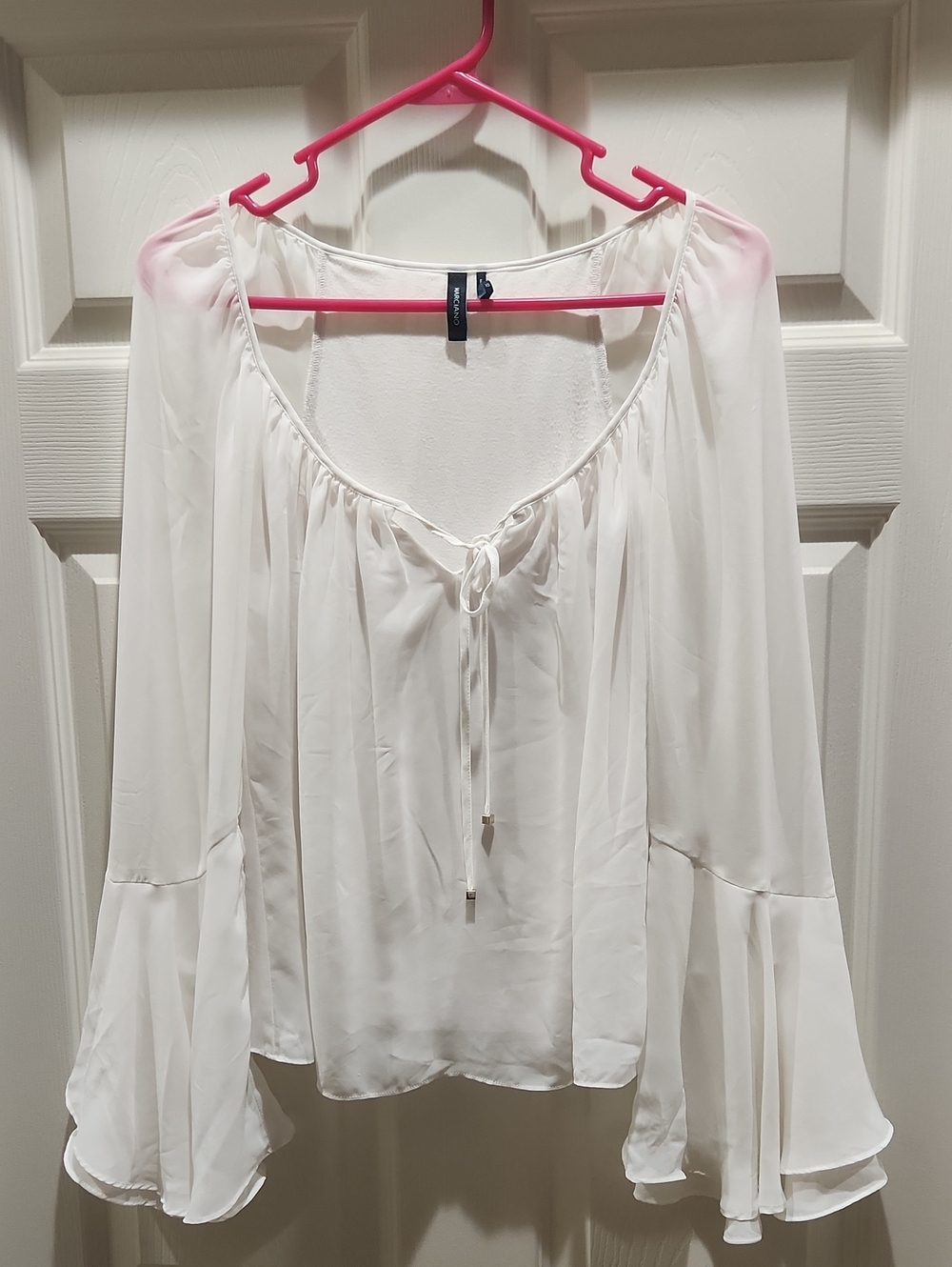 Marciano White Flowing Peasant Blouse with Tie Neck